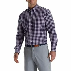 FootJoy Stretch Woven Gingham Shirt -golf ball Shop footjoy stretch woven gingham shirt lavender navy 01 74945.1671651403